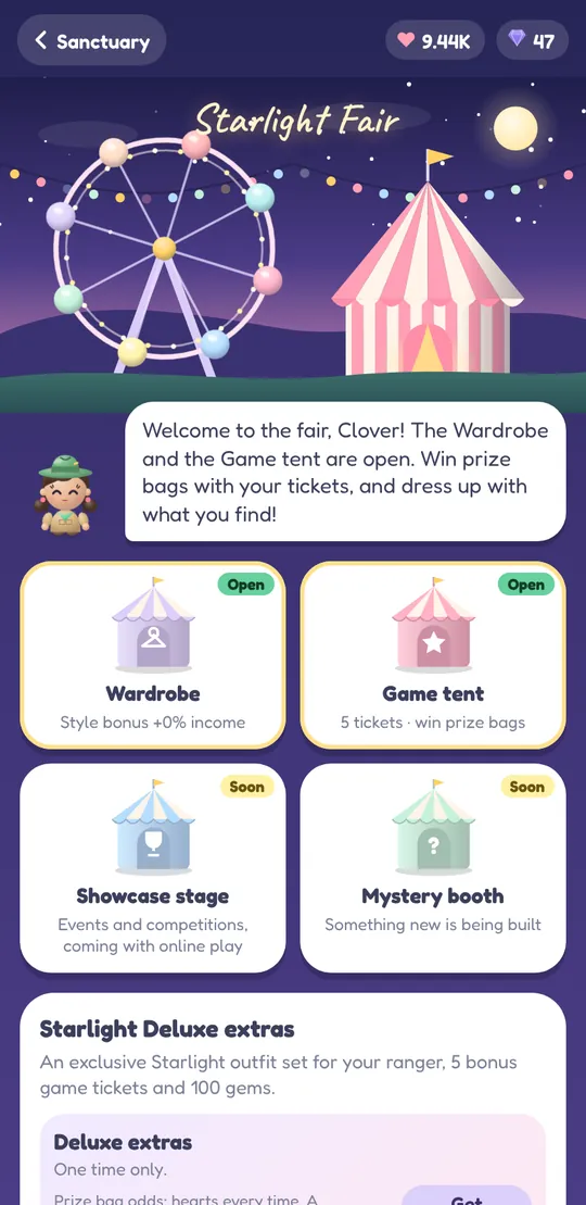 The Starlight Fair with a Ferris wheel, wardrobe and game tent