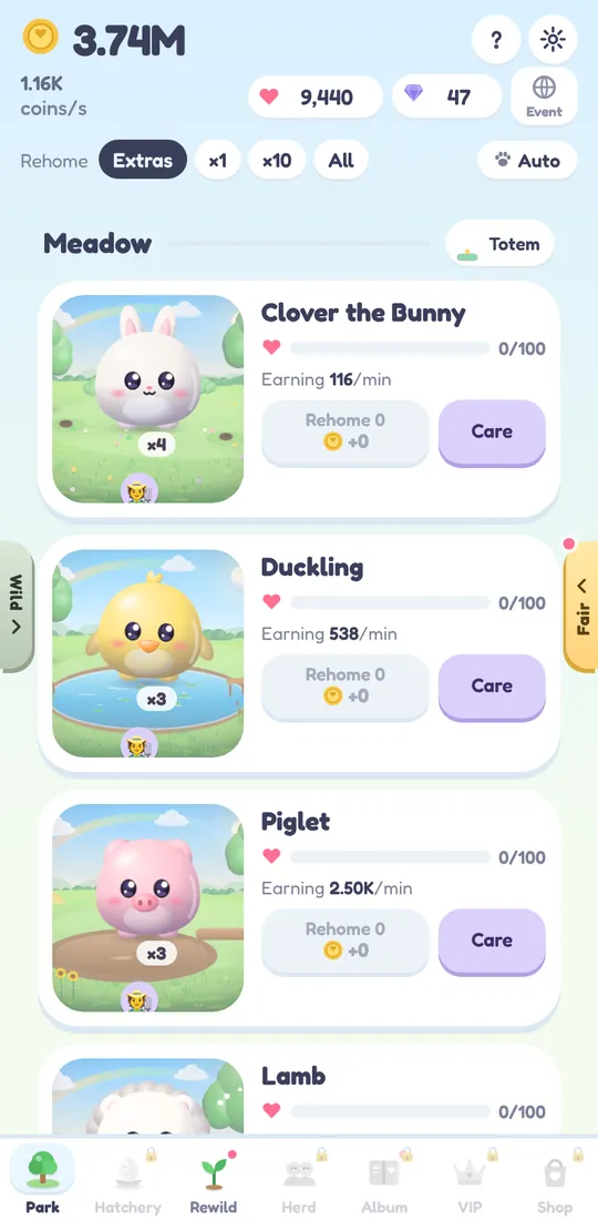 The sanctuary screen listing animal families such as Clover the Bunny, Duckling and Piglet