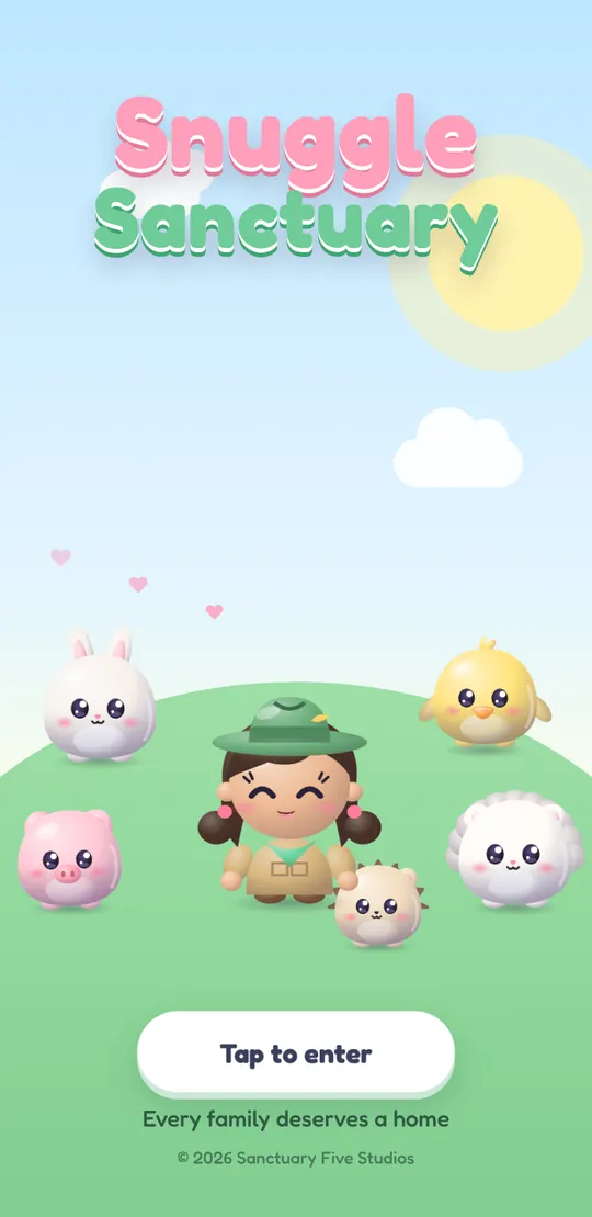 Snuggle Sanctuary title screen: a ranger with a bunny and a piglet on a grassy hill